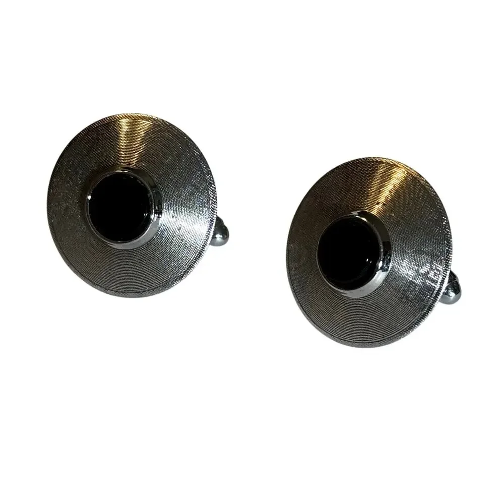 Mid Century silver textured round cufflinks with black enamel centers vintage